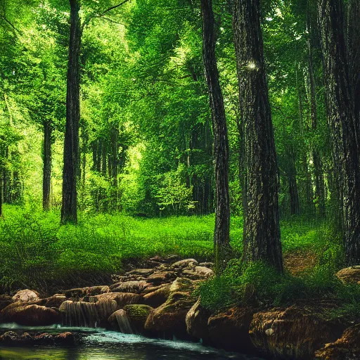 Image similar to professional photograph of a forest of trees. little specs of fireflies and a river in between leading to a water fall, photo realism, perfect lighting