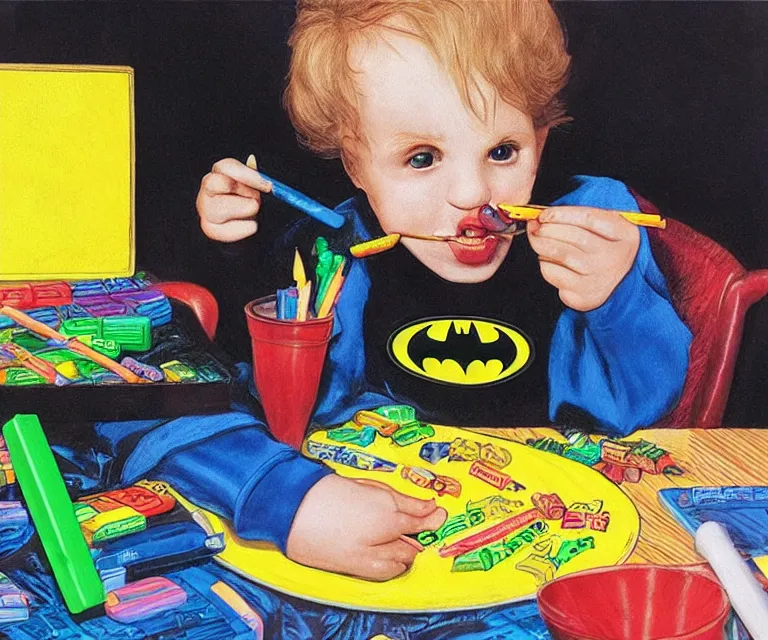 Prompt: “ treacher collins batman eating crayons from the box, photorealistic, hyperrealism, 8 k ”