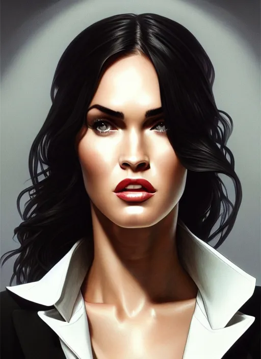 Prompt: portrait of megan fox as business woman, black suit, white shirt, necktie, city, intricate, headshot, highly detailed, digital painting, artstation, concept art, sharp focus, cinematic lighting, illustration, art by artgerm and greg rutkowski, alphonse mucha, cgsociety