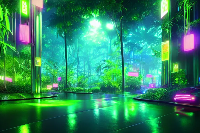 Image similar to neon rainforest, detailed render, hyperrealistic, cgsociety, artstation, 4k
