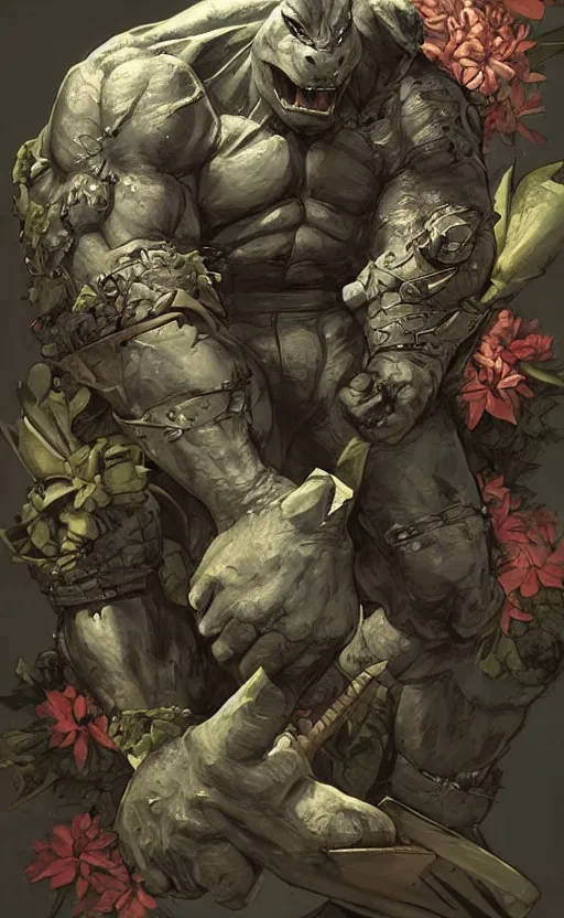 Image similar to rocksteady from tmnt, rhino, rugged, handsome, male, detailed face, clean lines, atmospheric lighting, amazing, full body, thighs, flowers, muscular, intricate, highly detailed, digital painting, deviantart, concept art, sharp focus, illustration, art by greg rutkowski and alphonse mucha