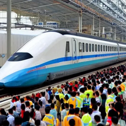 Prompt: people railfanning for the new maglev train in china