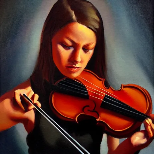 Image similar to woman violin, oil painting, artstation, dramatic lighting, symmetry, beautiful
