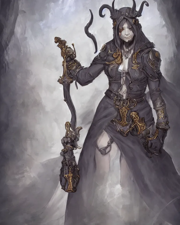 Image similar to female character concept art of tiefling cleric gunslinger holding pistol wearing a nun veil with demon horns on top, full body, grey skin, fine detailed painting, demon tail, blue cleric priestess robe with golden embroidery, final fantasy character art style, game character design, dark fantasy