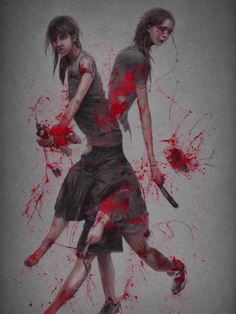 Image similar to young adult woman playing tennis, cyberpunk, painful, cardboard, blood stains on shirt, blood on tennis court, bleeding audience, illustration, traditional drawing style, dramatic mood, textured canvas, highly detailed, fine art, melancholic art, oil pastels, 8 k render octane high definition cgsociety