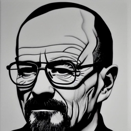 Prompt: a portrait of Walter White, made by Andy Warhol, two tone, very high contrast, only black and white, simplistic, extremely high contrast, two tone, notan art, by Andy Warhol, minimalistic,