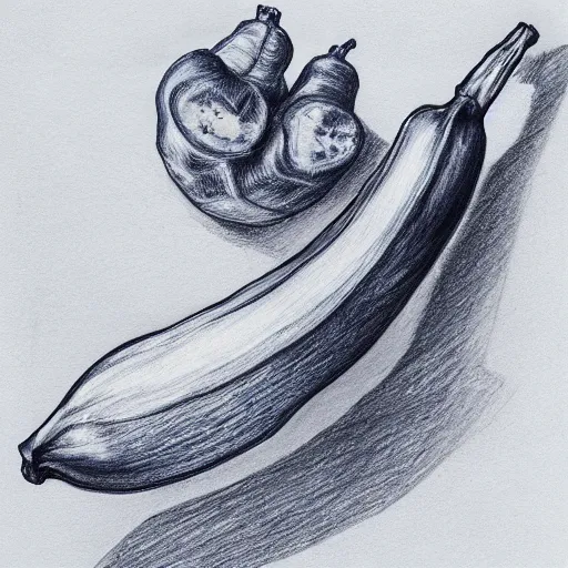 Prompt: blue ballpoint pen drawing of a banana