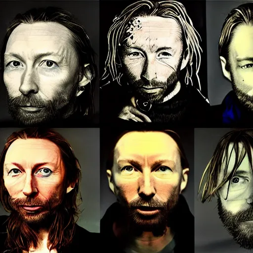 Image similar to versions collage, hyper realistic, many variations of thom yorke, very old, shot beard, long beard, face variations, various emotions, lost, reflective, cybernetic, high quality, brush stroke