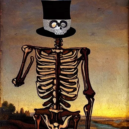 Prompt: Renaissance oil painting of skeleton wearing a suit and top hat at sunset.