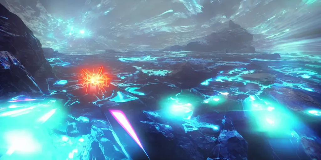 Image similar to screenshot of the videogame tempest 2 0 0 0, atari jaguar, vector, axure sky, neon glow, lens flare, 8 k, unreal engine