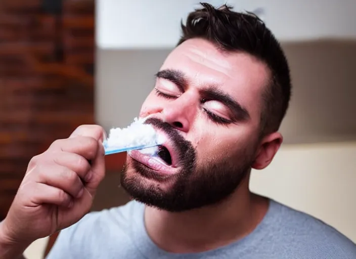 Prompt: a man snorting cocaine with a straw