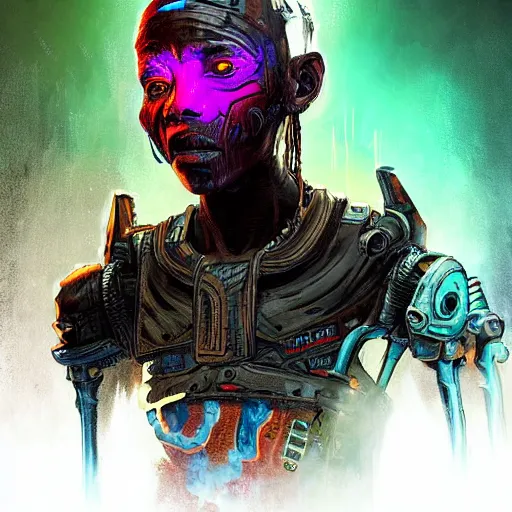 Image similar to a dark and ominous cyborg african child soldier with glowing eyes and tribal facial scarification, neon graffiti, Apex Legends character digital illustration portrait design, by android jones and greg rutkowski in a cyberpunk voodoo style, retrowave color scheme, detailed, cinematic lighting, wide angle action dynamic portrait