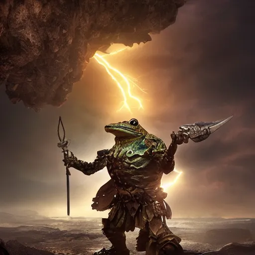 Prompt: a powerful warrior frog in armour with hands up, holding a planet, cinematic lightning, artstation trending, matte painting, 8 k, octane, digital art, apocalyptic, special