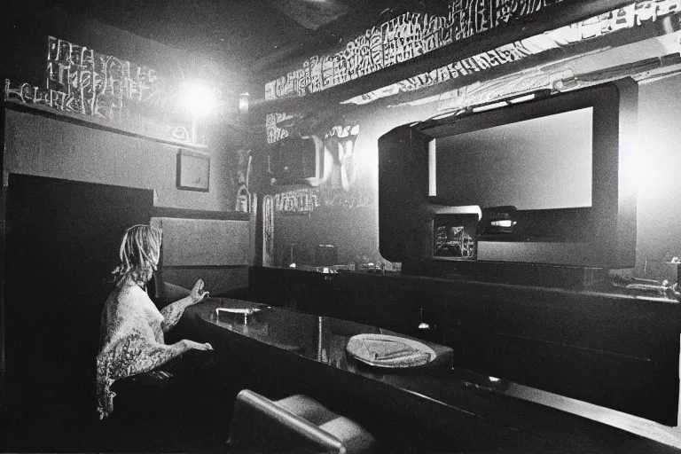 Image similar to robot staring at her reflection in a mirrored monolith, from 1977, in a tiki bar, volumetric lighting, surrounded by crt monitors, low-light photograph, in the style of jack bridgeland