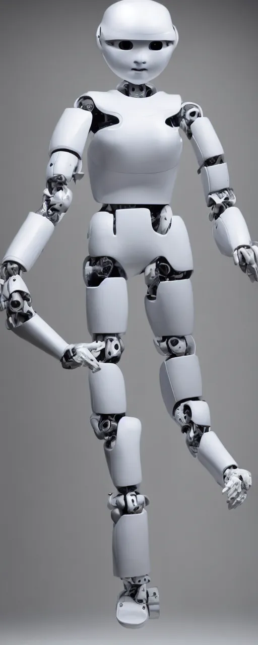 Image similar to standing in front of a white background is a highly realistic and detailed humanoid robot in human body form