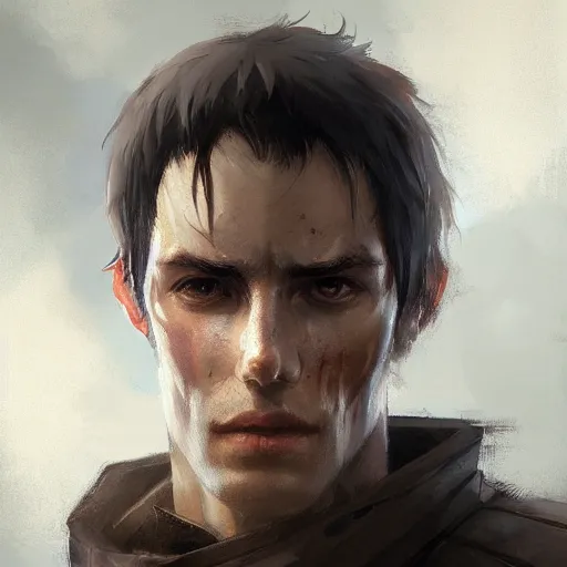 Prompt: portrait of a man by greg rutkowski, eren yaeger from attack on titan, he has about 2 0 years old, highly detailed portrait, digital painting, artstation, concept art, smooth, sharp foccus ilustration, artstation hq