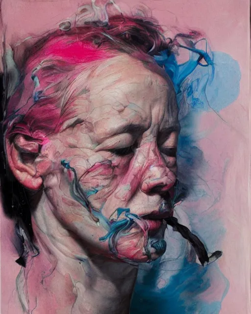 Prompt: pink blue gilded ink smoke portrait, by Jenny Saville, oil on canvas, painterlu brushwork