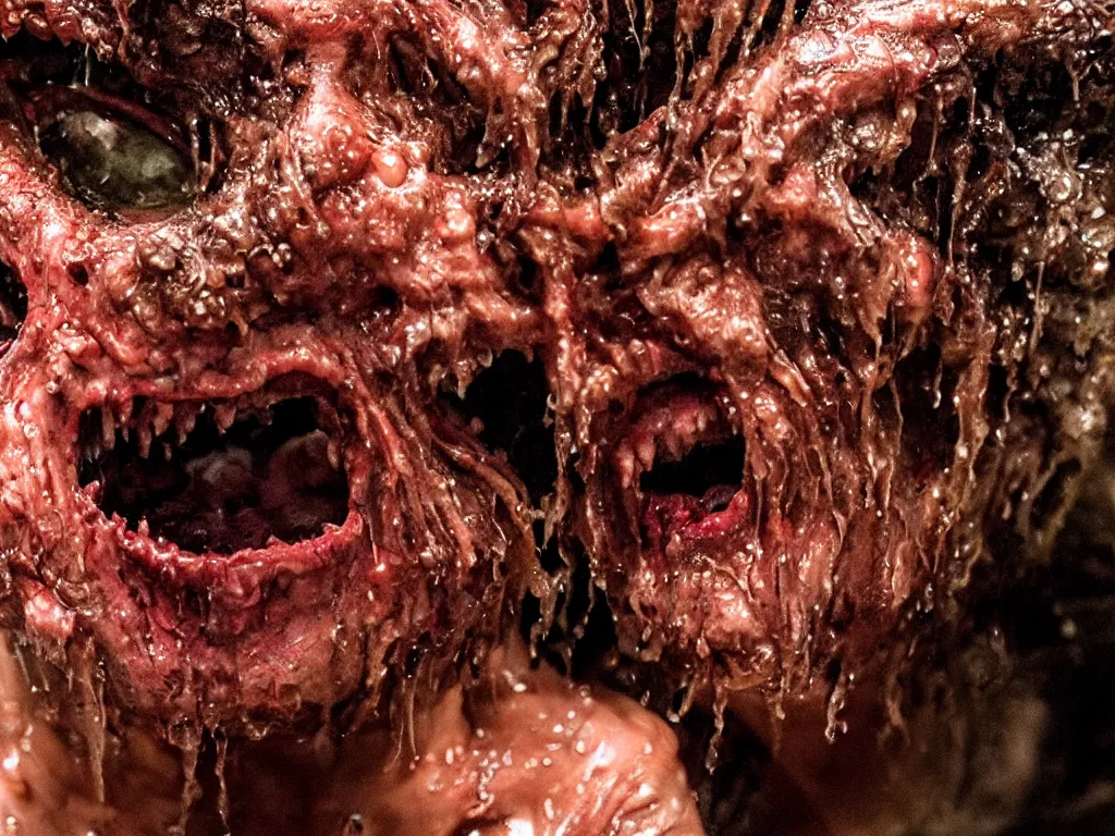 Image similar to wet slimy fleshy demon crawling out of man's mouth, body horror, Cronenberg, Rick Baker, dramatic film still, daylight, photo real, Eastman EXR 50D 5245/7245, close-up action first-person perspective