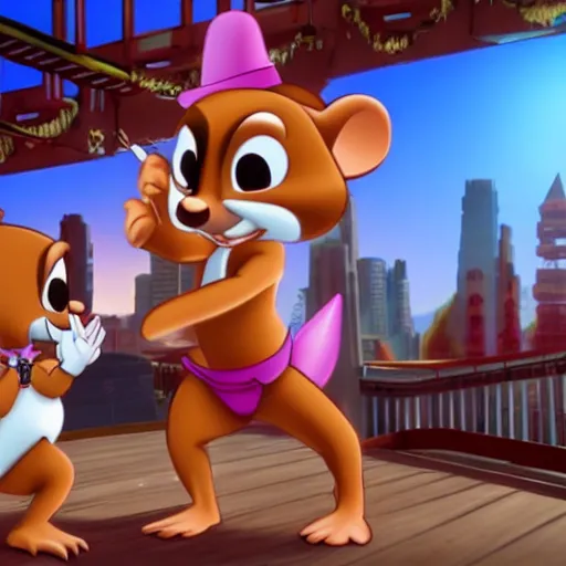 Image similar to Chip and Dale as Chippendales, ultra-detailed, 8k resolution, hyperreality