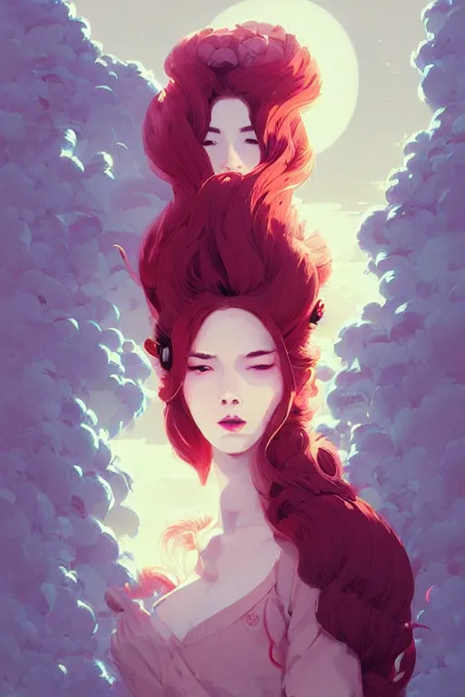 Image similar to beautiful artistic - wave highly detailed portrait female, with kitsune mask, long red hair, by atey ghailan, by greg rutkowski, by greg tocchini, by james gilleard, by joe fenton, by kaethe butcher, dynamic lighting, gradient light blue, brown, blonde cream and white color scheme, grunge aesthetic