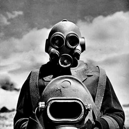Image similar to a heavily armored man wearing a gasmask, in a surrealist landscape, film still, arriflex 3 5