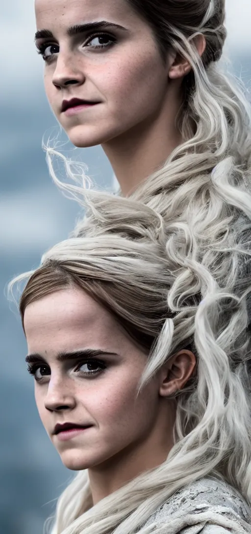 Image similar to Emma Watson as Daenerys Targaryen, XF IQ4, 150MP, 50mm, F1.4, ISO 200, 1/160s, natural light