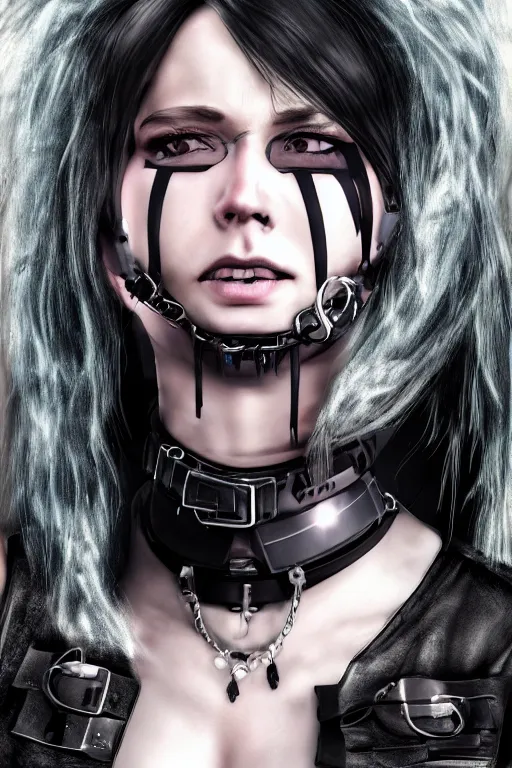 Image similar to detailed realistic female rock star cyberpunk wearing thick technological collar around neck, realistic, art, beautiful, 4K, collar, choker, collar around neck, punk, artstation, detailed, female, woman, choker, cyberpunk, neon, punk, collar, choker, collar around neck, thick collar, tight around neck, punk,