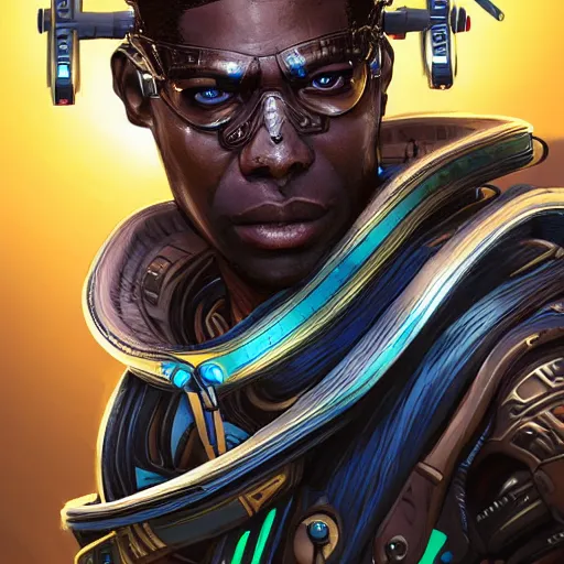 Image similar to a cyberpunk zulu hunter, Apex Legends character digital illustration portrait design, by android jones, detailed, cinematic lighting, wide angle action dynamic portrait