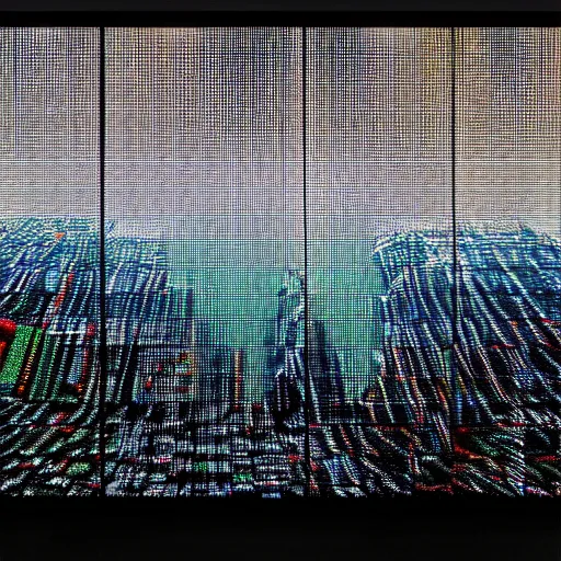 Image similar to a mountain made out of computer screens that display bitcoin logos, cinematic, post apocalyptic landscape, harsh contrast lighting, in the style of photorealism, made by richard estes robert cottingham gerhard richter robert longo ellen altfest