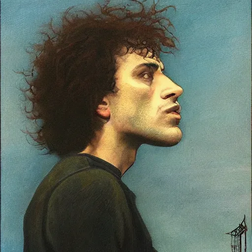 Prompt: pat metheny _ in _ the _ mist _ by _ gerald _ brom _ masterpiece _ portrait