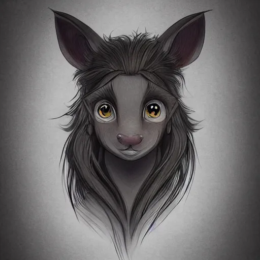 Image similar to headshot of young female furry, D&D, cute, fantasy, intricate, long hair, dark grey skin, mouse face, mouse nose, dark skin, mouse head, mouse ears, black hair, elegant, highly detailed, cartoony, artstation, concept art, smooth, sharp focus, illustration, art by Diives