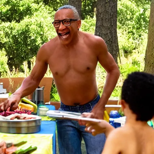 Prompt: gus fring cooking at a family barbecue with no shirt on, laughing out loud