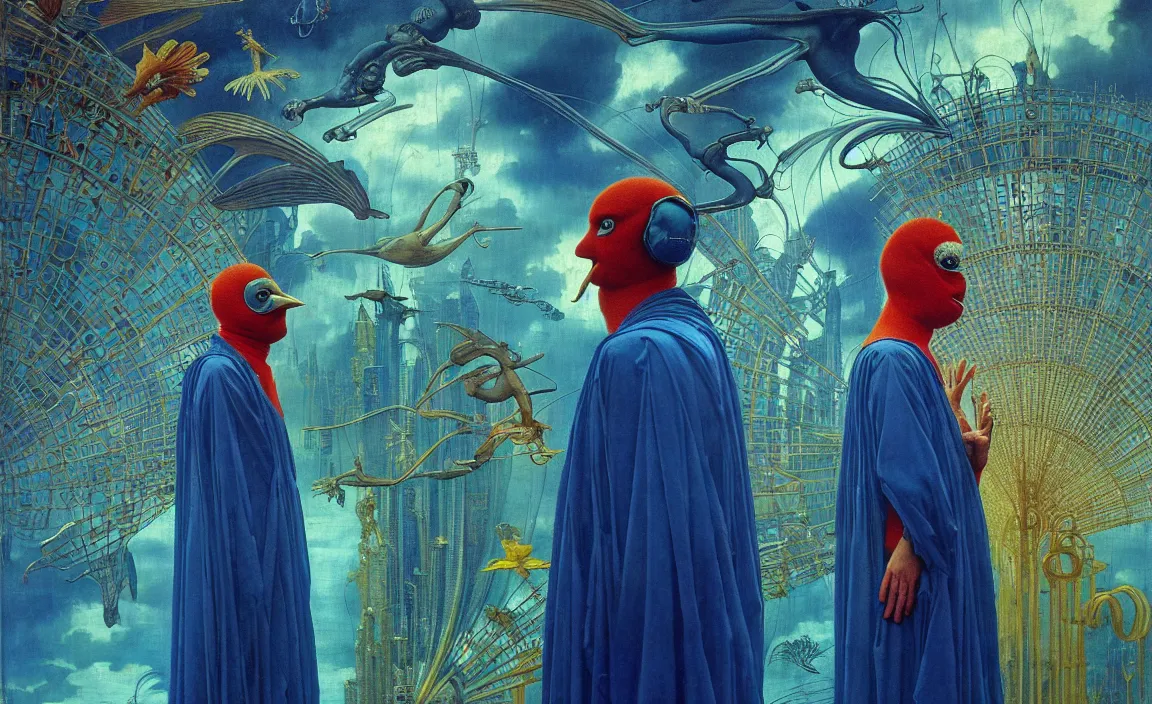 Image similar to realistic detailed portrait movie shot of a birdman wearing reflective transparent robes, sci fi city landscape background by denis villeneuve, amano, yves tanguy, alphonse mucha, ernst haeckel, max ernst, roger dean, masterpiece, rich moody colours, blue eyes