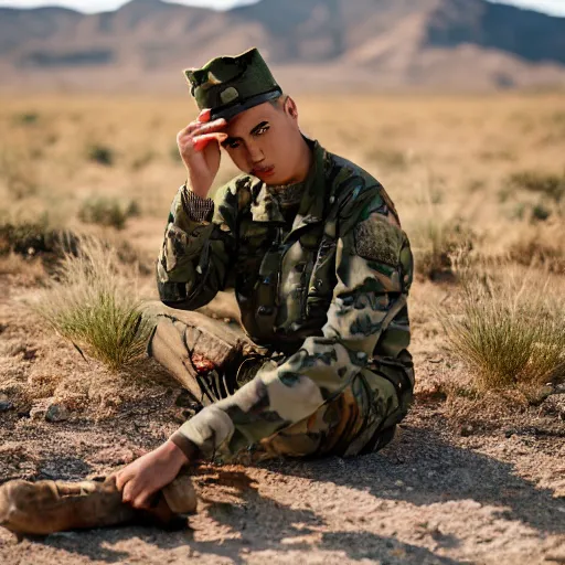 Prompt: portrait of a man wearing camuflage, army clothing, he ‘ s sitting in the desert eating some colorful crayons, beautiful composition, 5 0 mm f 1. 8, ambient light