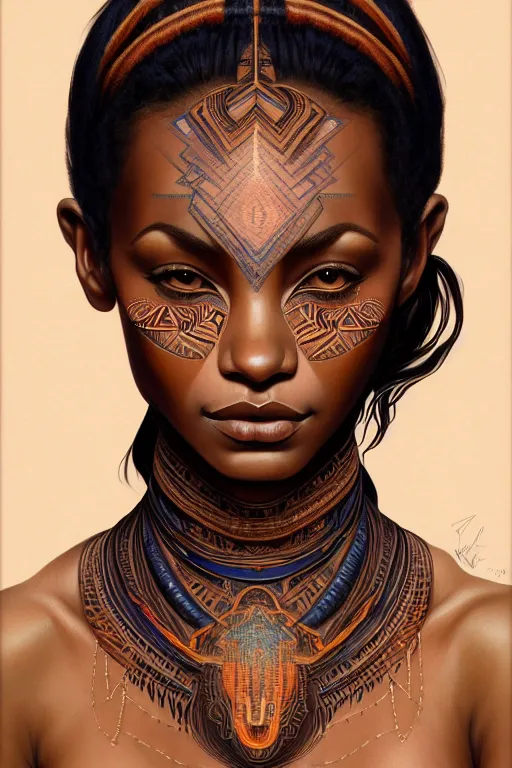 Image similar to symmetrical body portrait of beautiful nubian tribal tattooed young woman, intricate, elegant, highly detailed, digital painting, artstation, concept art, smooth, sharp focus, illustration, art by artgerm and greg rutkowski and alphonse mucha, 8 k