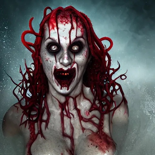 Image similar to beautiful, terrifying, demonic, clown, zombie, female with the body of a goddess, parasitic tentacles, in a underwater horror scene, cinematic lighting, ultra detail, photo realistic, 4k, octane render