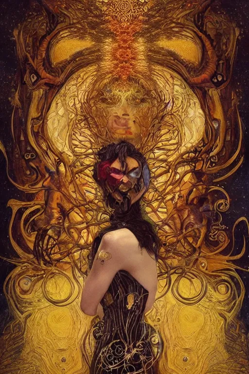 Image similar to Intermittent Chance of Chaos Muse by Karol Bak, Jean Deville, Gustav Klimt, and Vincent Van Gogh, beautiful Surreality portrait, enigma, Loki's Pet Project, destiny, Poe's Angel, fate, inspiration, muse, otherworldly, fractal structures, arcane, ornate gilded medieval icon, third eye, spirals