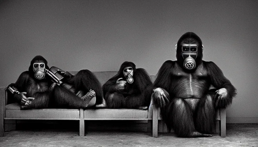 Image similar to great ape wearing a gas mask sitting on a couch, in the style of gregory crewdson