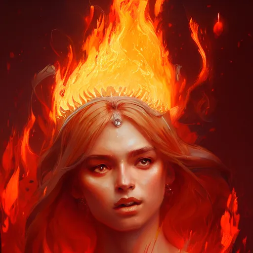 Image similar to a beautiful portrait of a fire goddess, flaming background, a detailed painting by greg rutkowski and raymond swanland, featured on cgsociety, fantasy art, detailed painting, artstation hd, photorealistic