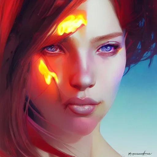 Prompt: half - flame frostcore woman with cute - fine - face, pretty face, multicolored hair, realistic shaded perfect face, extremely fine details, fine details, by realistic shaded lighting poster by ilya kuvshinov katsuhiro otomo, magali villeneuve, artgerm, jeremy lipkin and michael garmash and rob rey