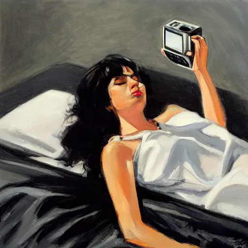 Image similar to Ground Level Shot, long shot of a beautiful dark haired woman wearing a black dress, laying on her back on a bed, holding old telephone hand peice with twisted cable by fabian perez