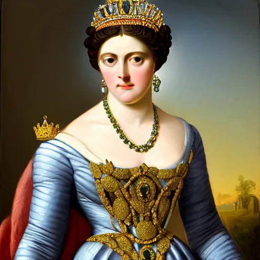 Prompt: neoclassical portrait of a beautiful queen, circa 1 8 6 7