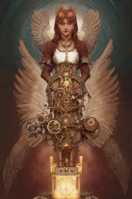 Prompt: Portrait of beautiful pale steampunk mechanical angelic maiden warhammer 40000, cinematic red lighting, intricate, elegant, highly detailed, digital painting, artstation, smooth, sharp focus, illustration, art by artgerm and greg rutkowski and zdislav beksinski and alphonse mucha and Wayne Barlowe and william-adolphe bouguereau