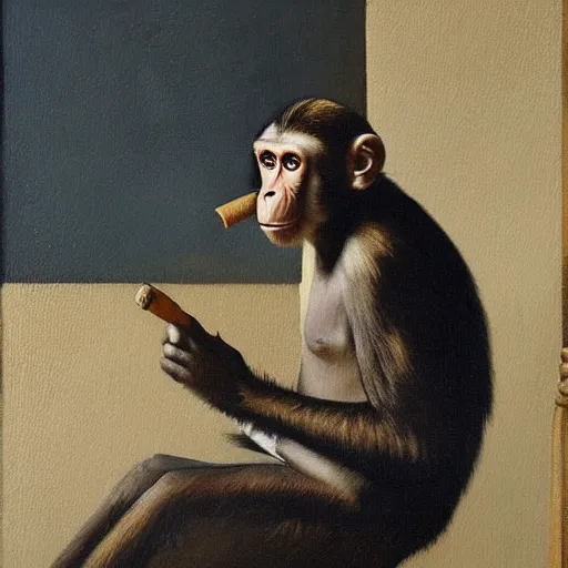 Image similar to Monkey smoking a Cuban cigar, oil on canvas, by Johannes Vermeer