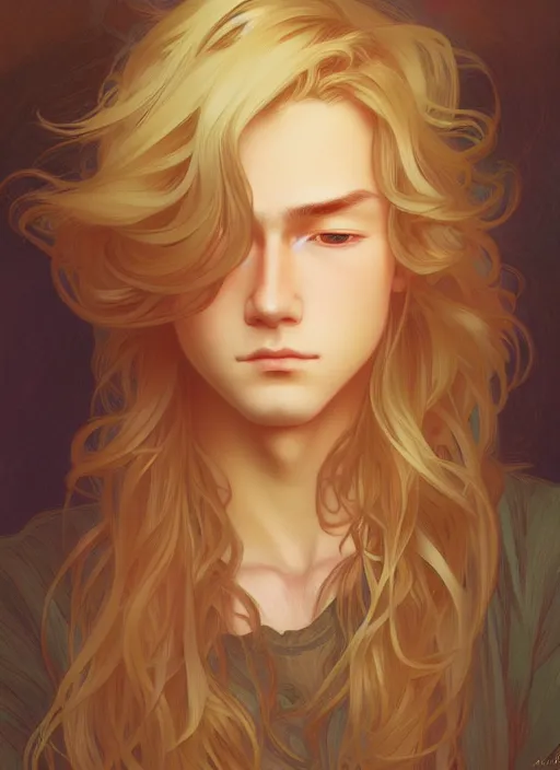 Image similar to pretty young man with shoulder length shiny shimmering golden blond hair, path traced, highly detailed, high quality, digital painting, by studio ghibli and alphonse mucha, leesha hannigan, wenjun lin, disney