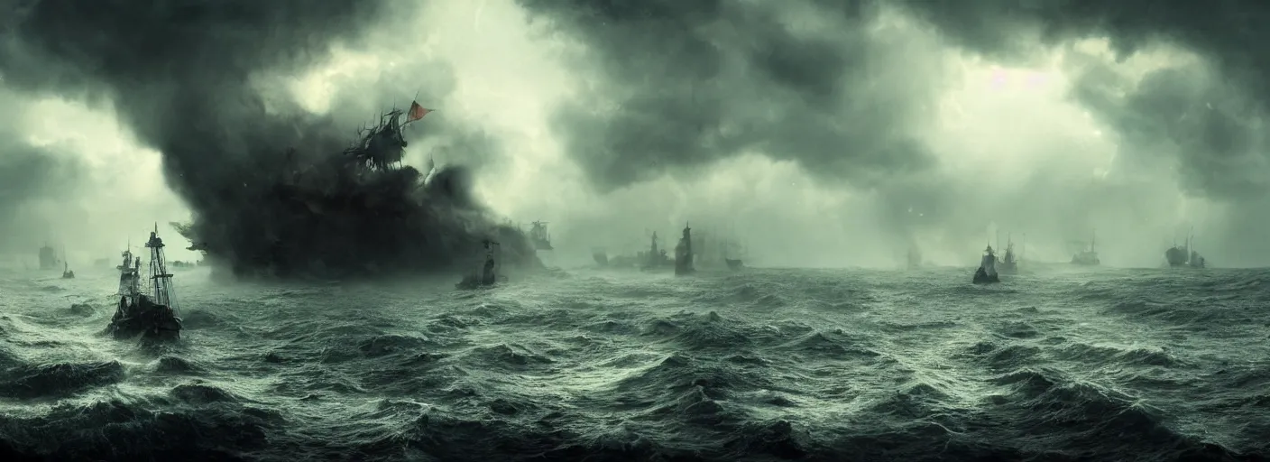 Image similar to a pirate standing on his ship watching big explosions on the wild sea, beautiful dramatic moody lighting, cinematic atmosphere, high detail, 8k, ornate, dark fantasy, masterpiece, complex, film still from the movie directed by Denis Villeneuve with art direction by Zdzislaw Beksiński, Dan Mumford, Patiphan Sottiwilaiphong, Yintion J - Jiang Geping