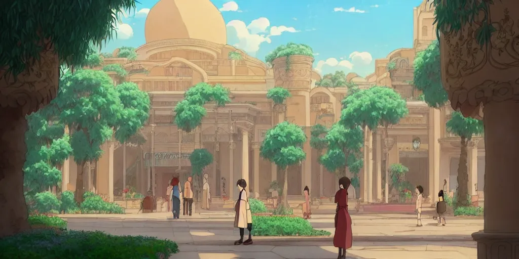 Prompt: a beautiful movie still in the style of studio ghibli anime with a landscape of the khedival opera house in talaat harb square cairo with lush landscaping, date palm trees, shrubs and flowers. trending on artstation