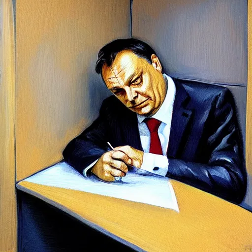 Prompt: viktor orban doodling in a cubicle, oil painting