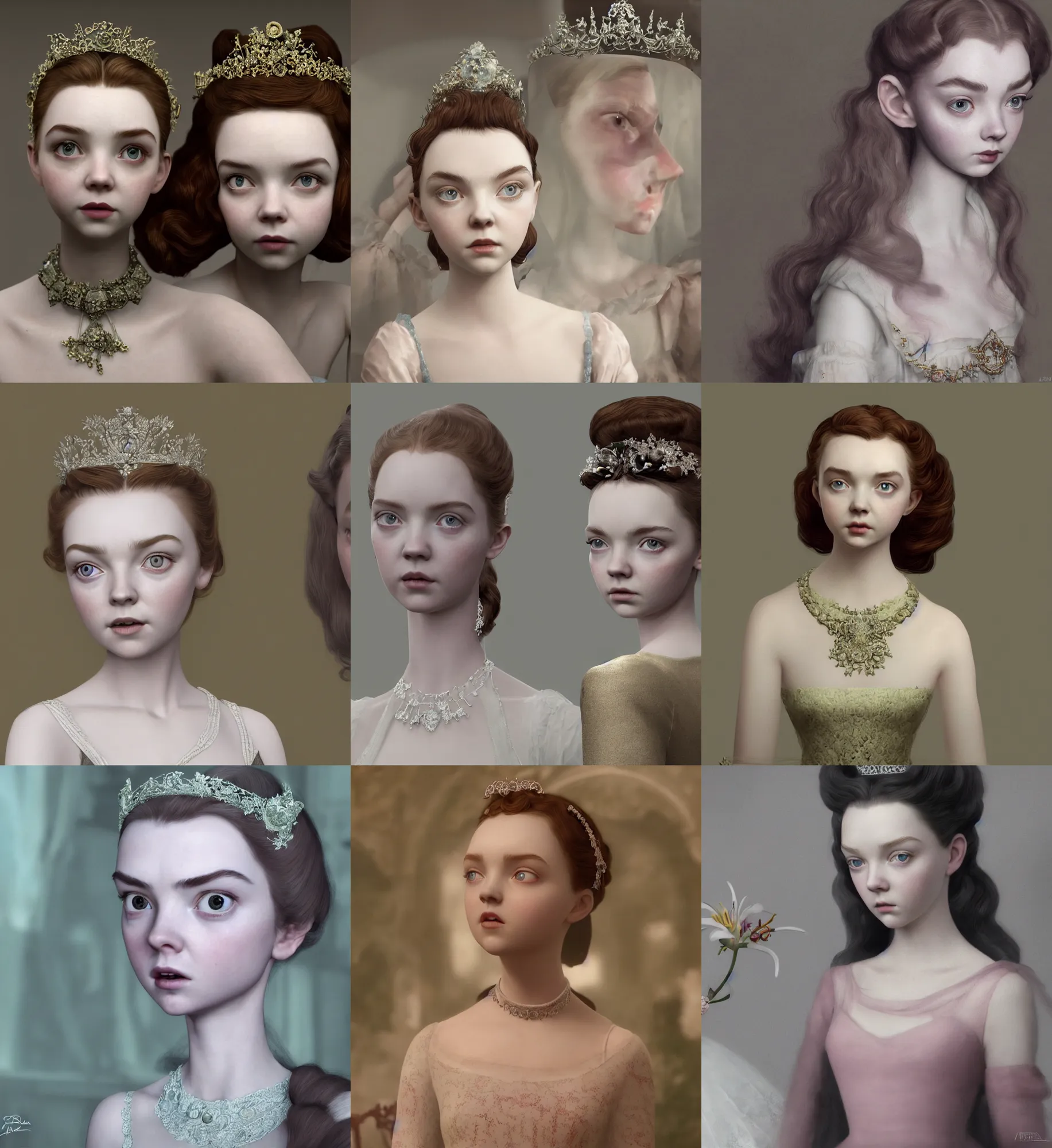 Prompt: a mix of of lily cole, anya taylor - joy and audry hepburn, tiara, 1 8 th century manor, hyperrealism photorealism, 8 k, hdr, unreal engine 5, octane render, photorealistic, extremely detailed, intricate, in the style of mark ryden, lostfish, earl nore, hyung tae, frank frazetta