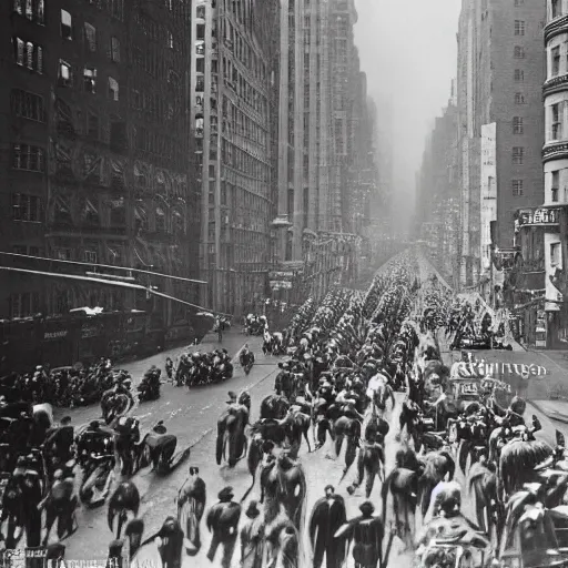 Image similar to old black and white photo, 1 9 1 3, depicting a biomechanical alien war machine rampaging through the bustling streets of new york city, historical record